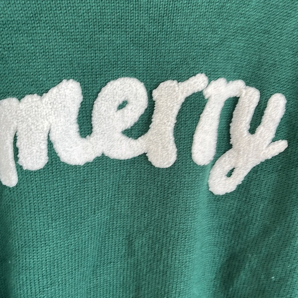Holiday sweater “Merry” in emerald green size L bubble sleeves - Picture 2 of 6